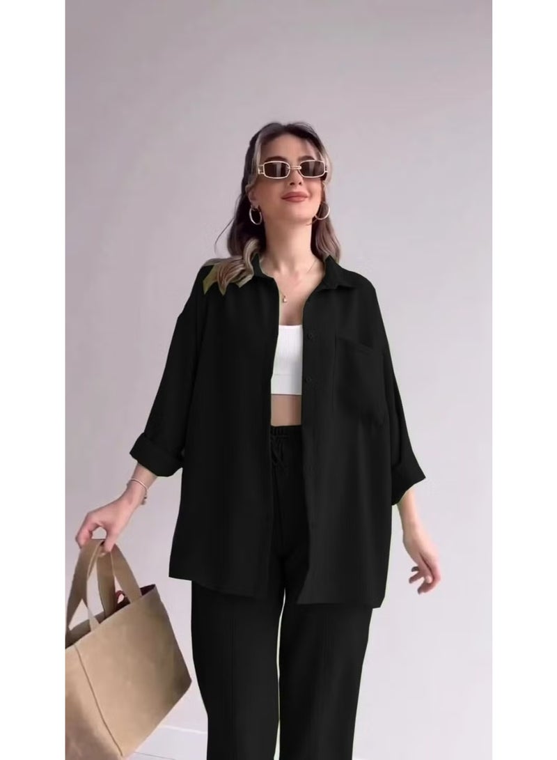 Barbora Linen Casual Two Piece Suit Pants Shirt LN21SIYAH15 - Image 1